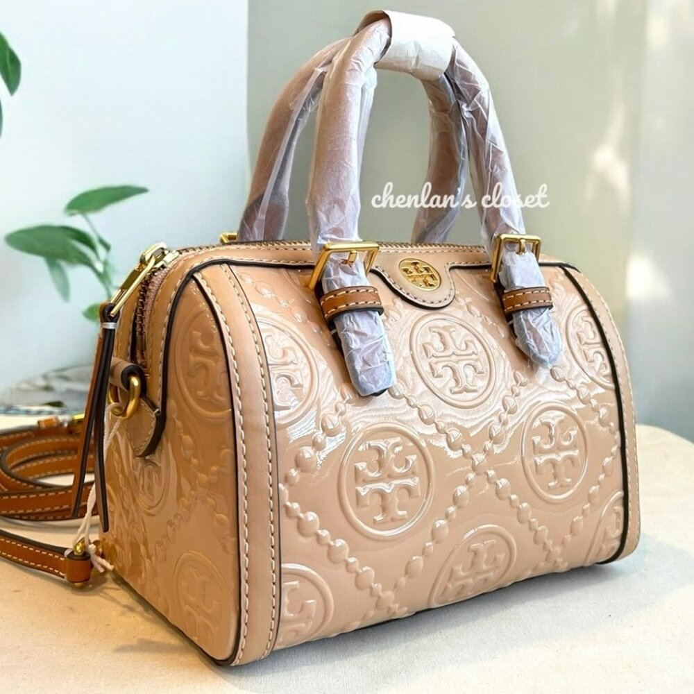 🔥NeW! Tory Burch T MONOGRAM PATENT EMBOSSED PETITE BARREL BAG